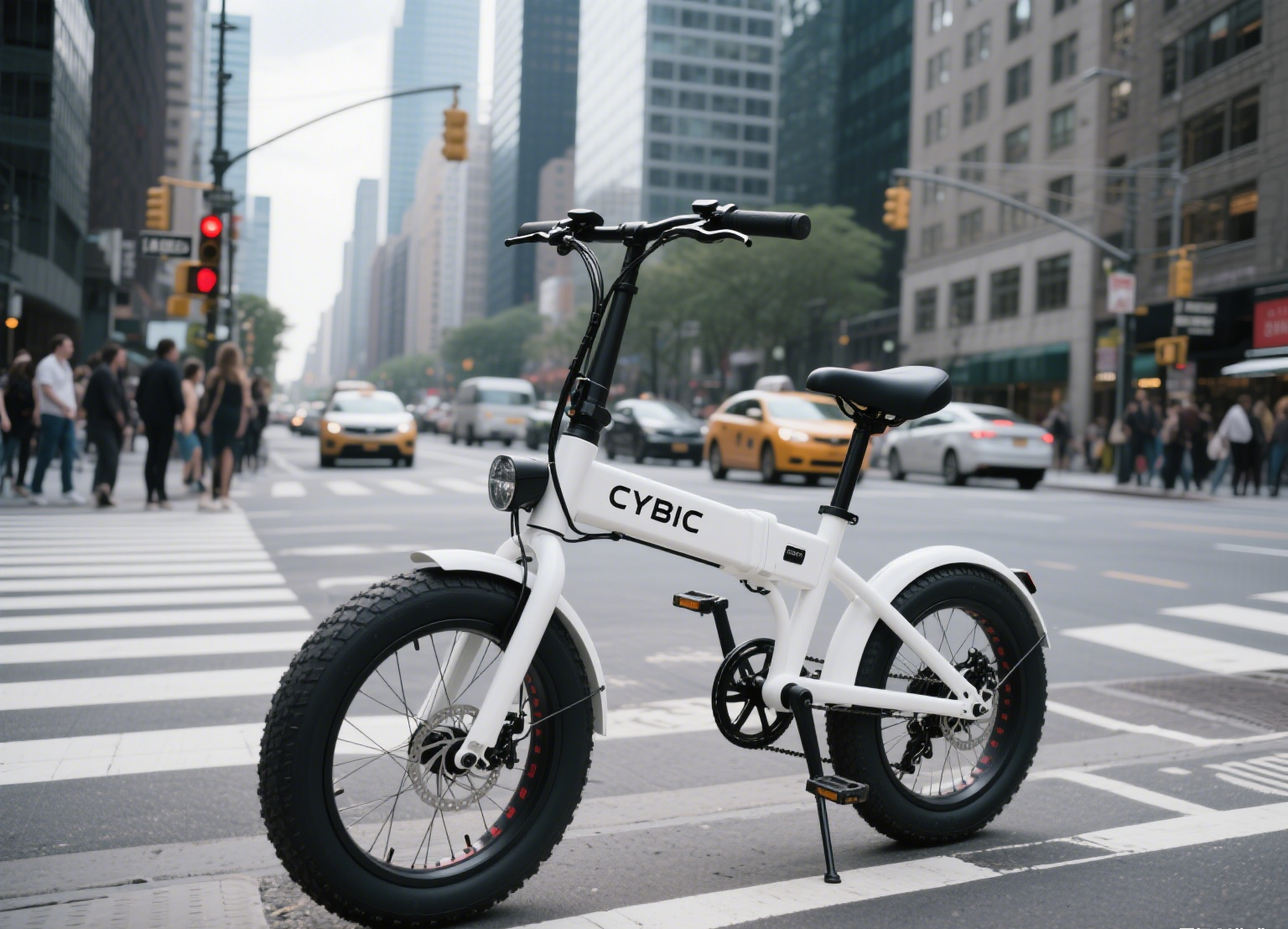 Белый складной электронный велосипед в городе