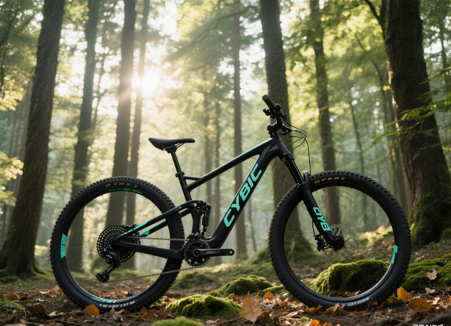 Черный горный велосипед в лесу