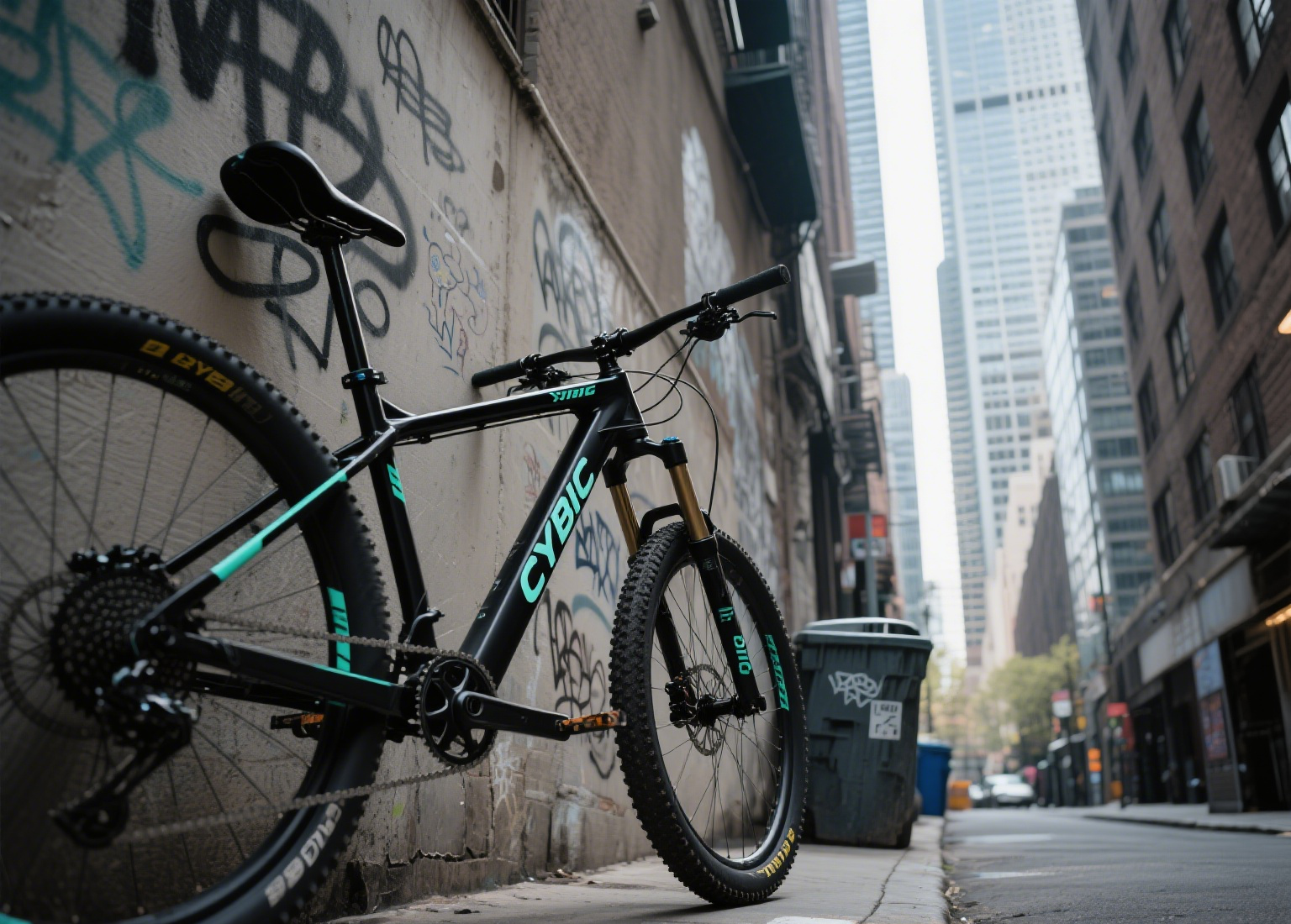 Черный велосипед от стены граффити