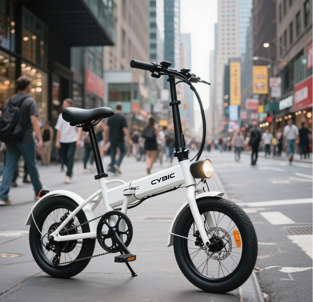 Белый складной электронный велосипед в городе